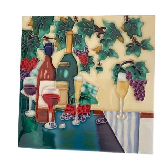 Wine Grapes Bottle Glass 8x8 Decorative Wall Art Ceramic Tile New Backsplash - Picture 1 of 2
